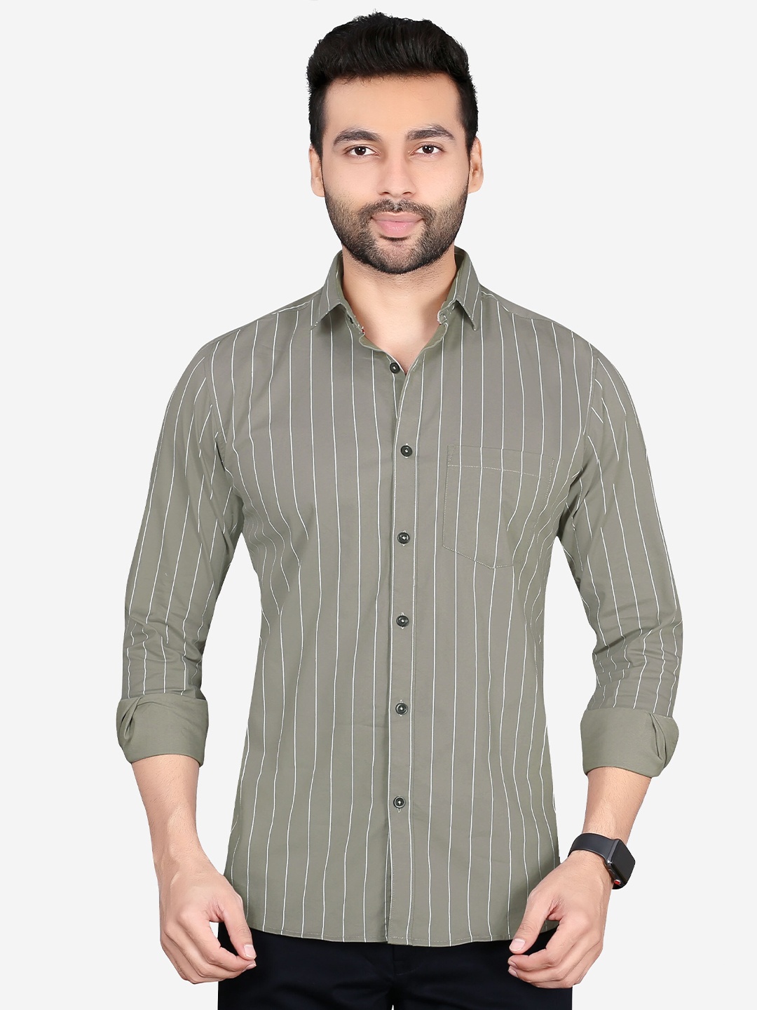 

5TH ANFOLD Men Grey Slim Fit Striped Casual Shirt