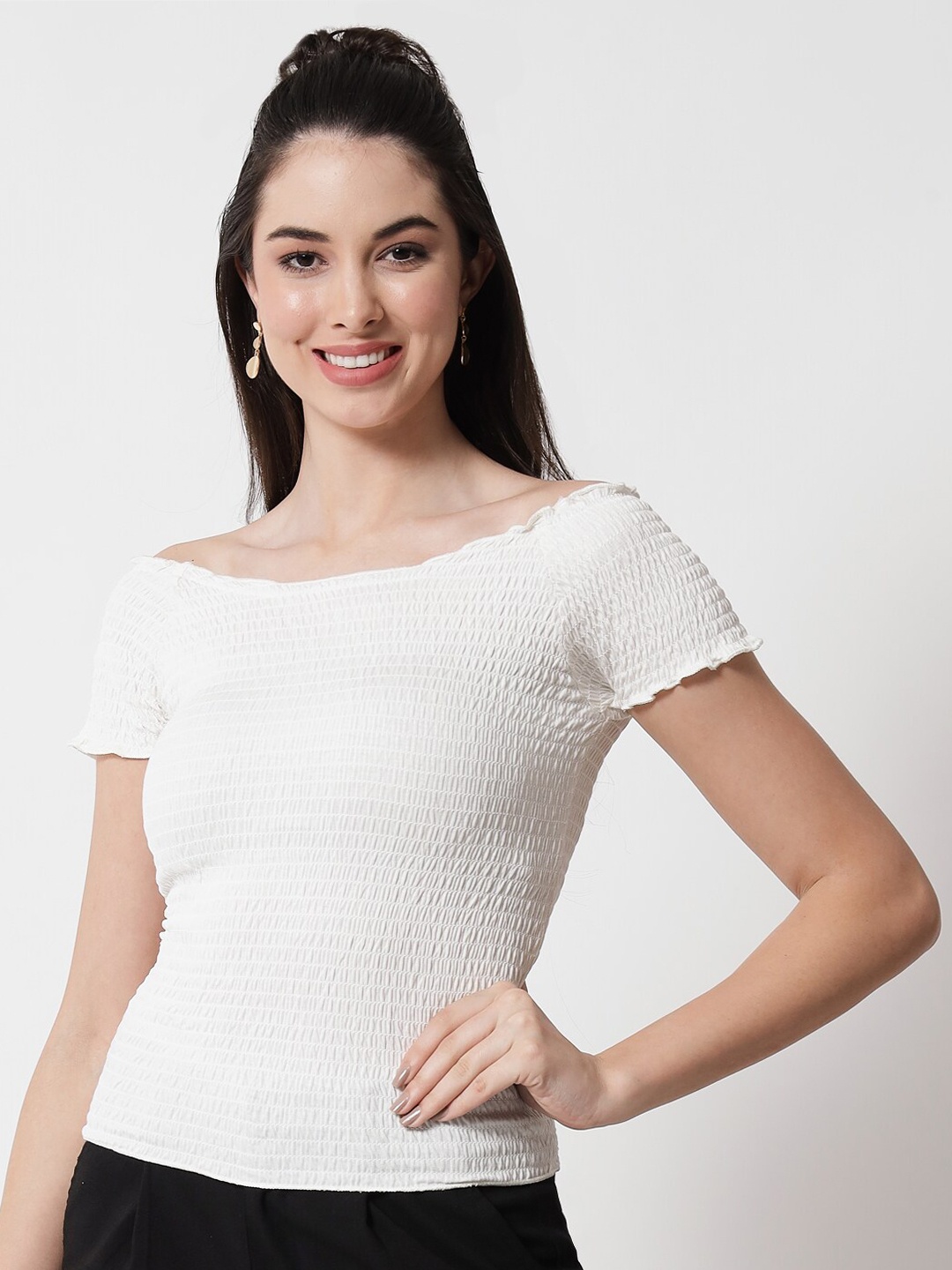 

CHARMGAL White Off-Shoulder Smocked Top