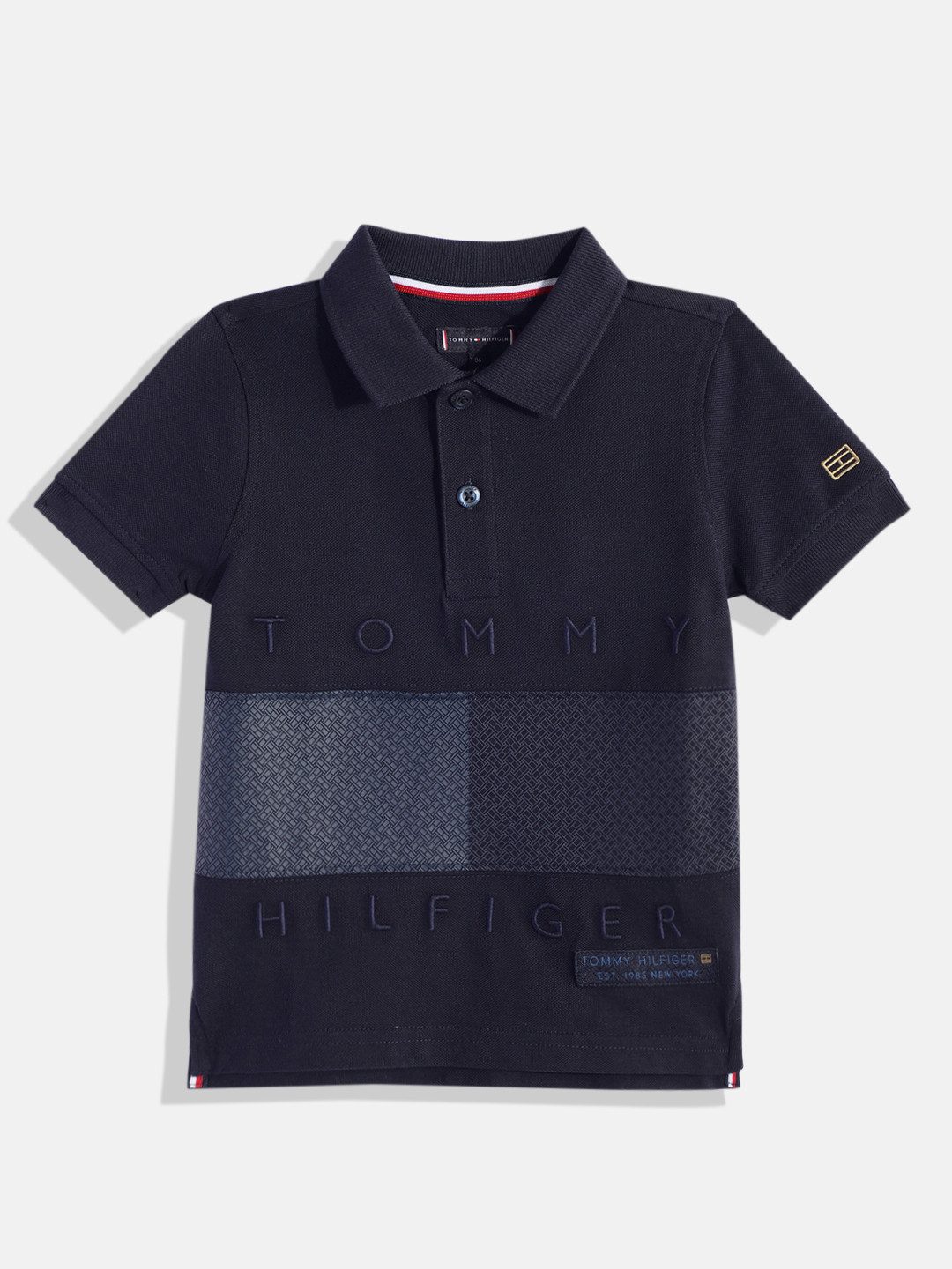 

Tommy Hilfiger Boys Brand Logo Embroidered & Printed Polo Collar Organic Cotton T-shirt, Navy blue