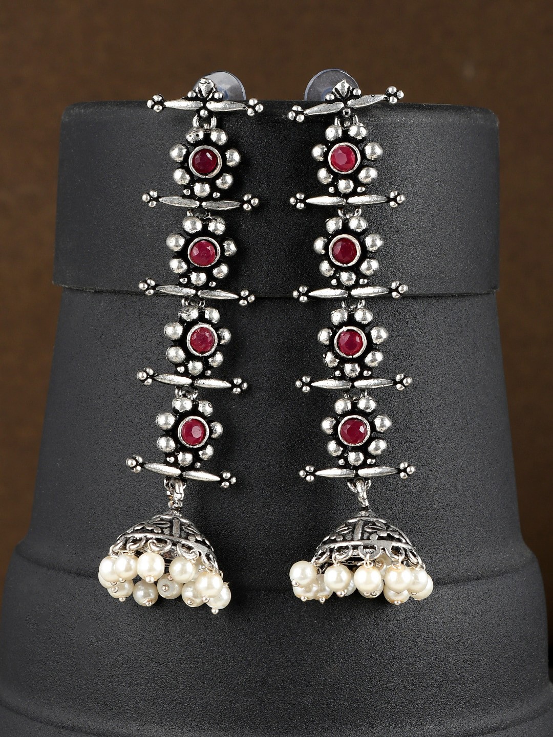 

AQUASTREET JEWELS Red & Silver-Toned Geometric Jhumkas Earrings