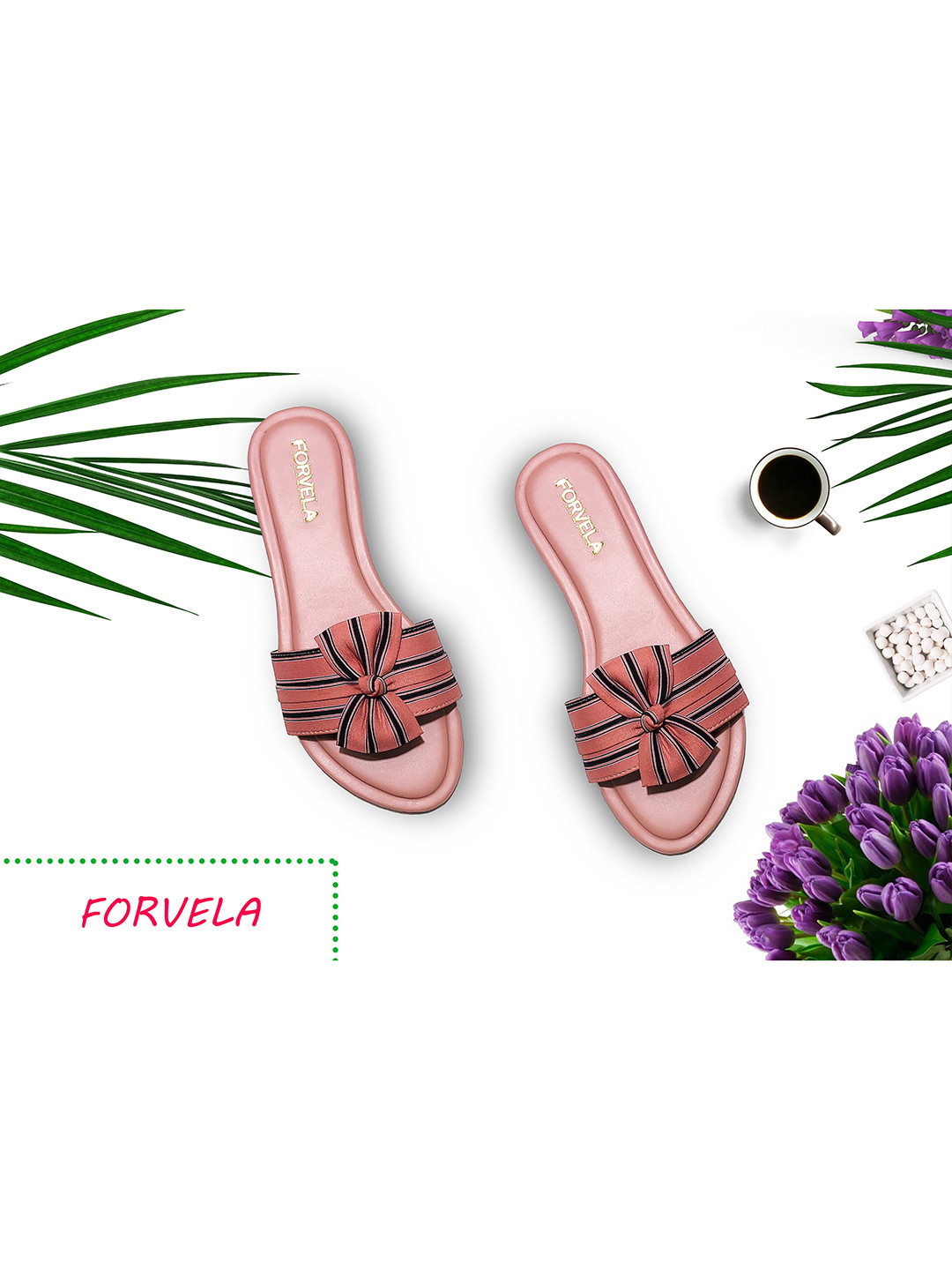 

FORVELA Women Peach-Coloured Striped Bows Open Toe Flats