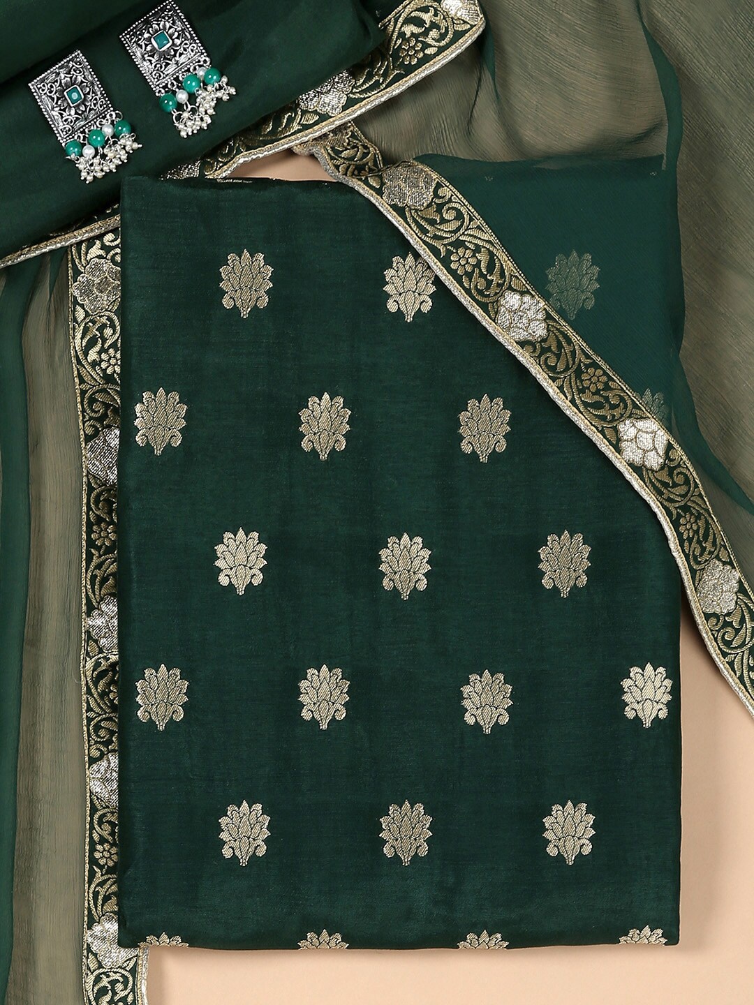 

Soch Green & Gold-Toned Printed Pure Silk Unstitched Dress Material