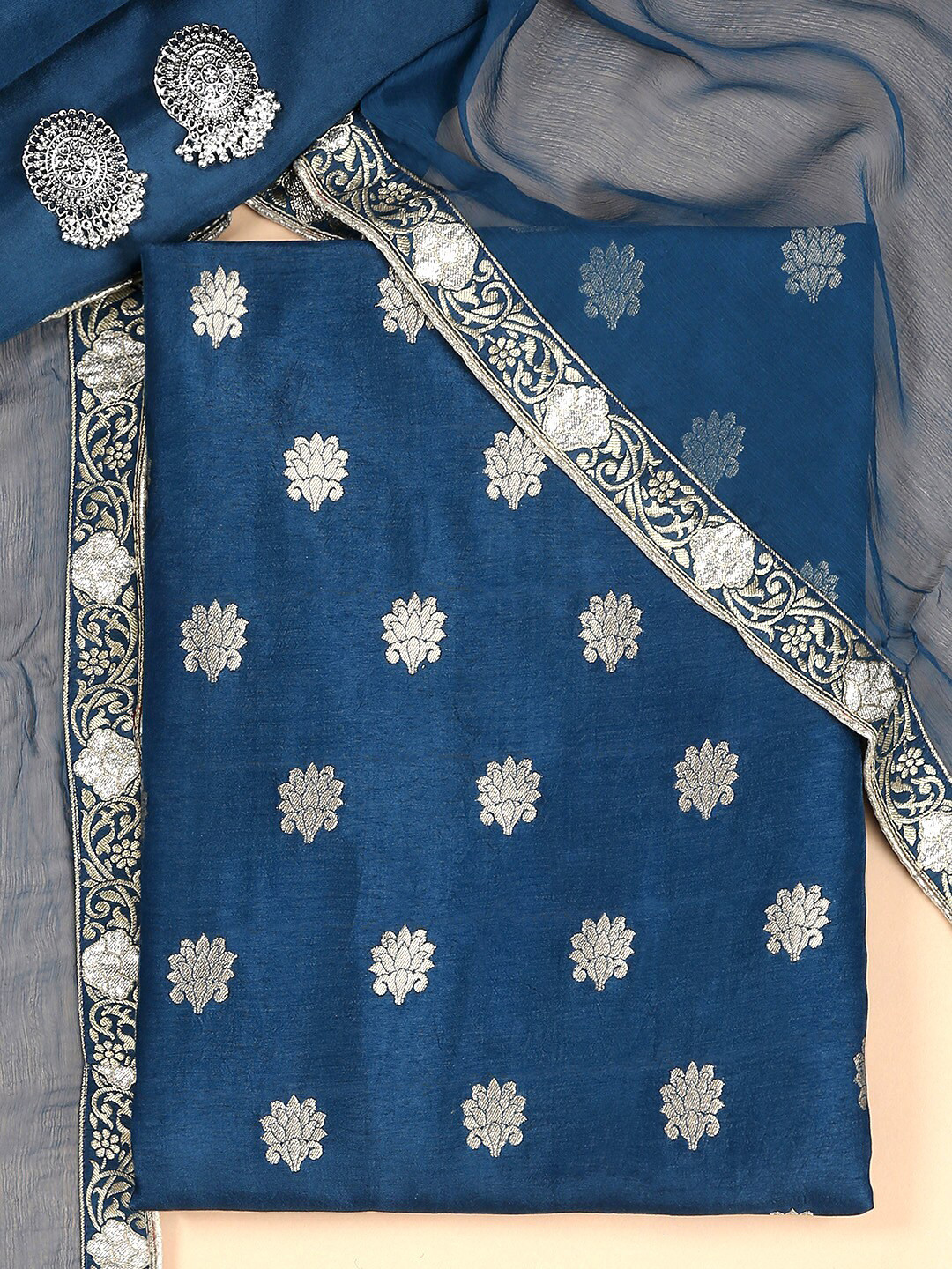 

Soch Blue & Silver-Toned Printed Pure Silk Unstitched Dress Material