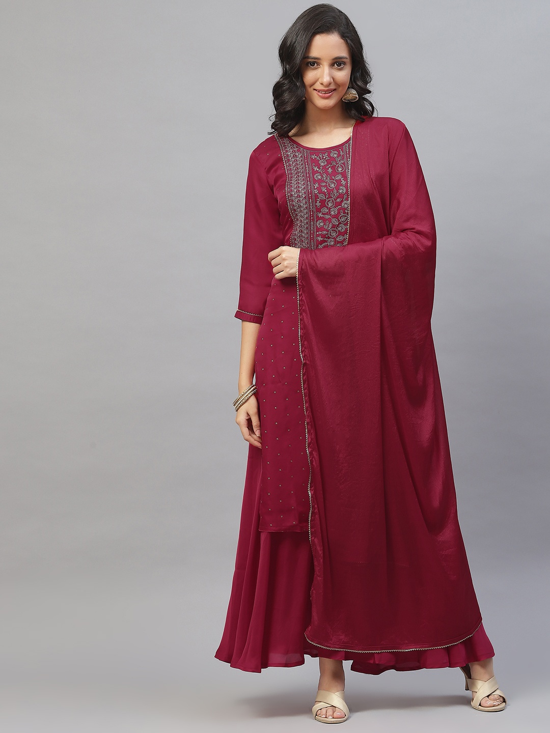 

SheWill Women Pink Ethnic Motifs Yoke Design Gotta Patti Kurta with Palazzos & With Dupatta