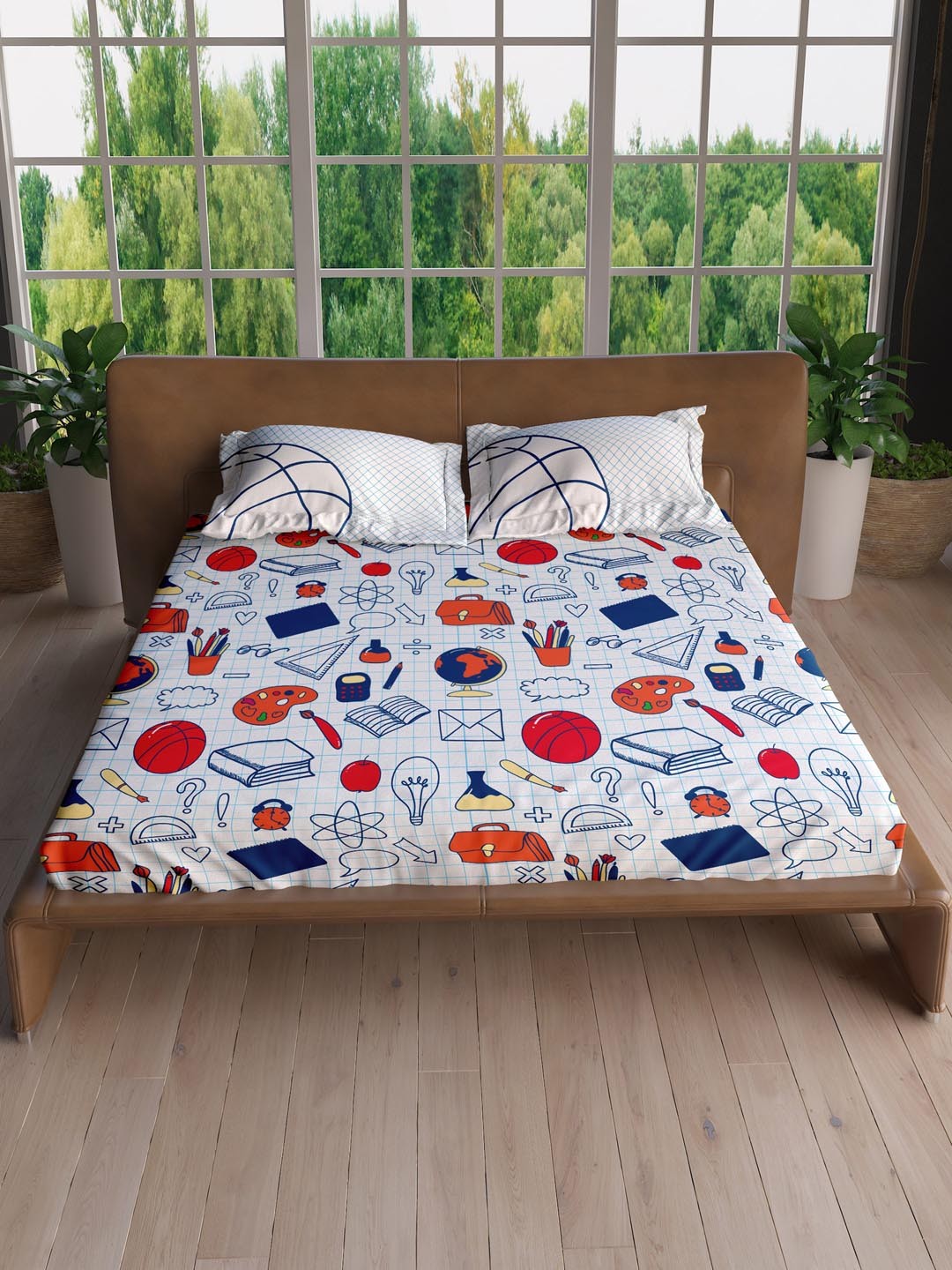 

LABHAM Adults Unisex 210 TC Conversational Printed Blue Bedsheet with 2 pillow covers