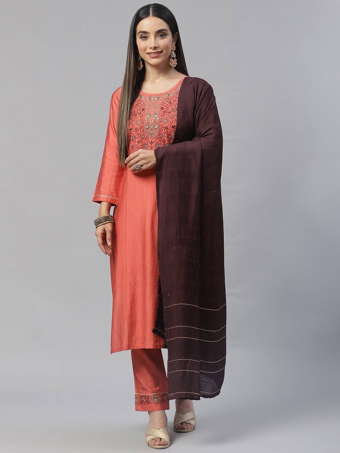 

SheWill Women Peach Ethnic Motifs Yoke Design Sequinned Kurta with Trousers & Dupatta