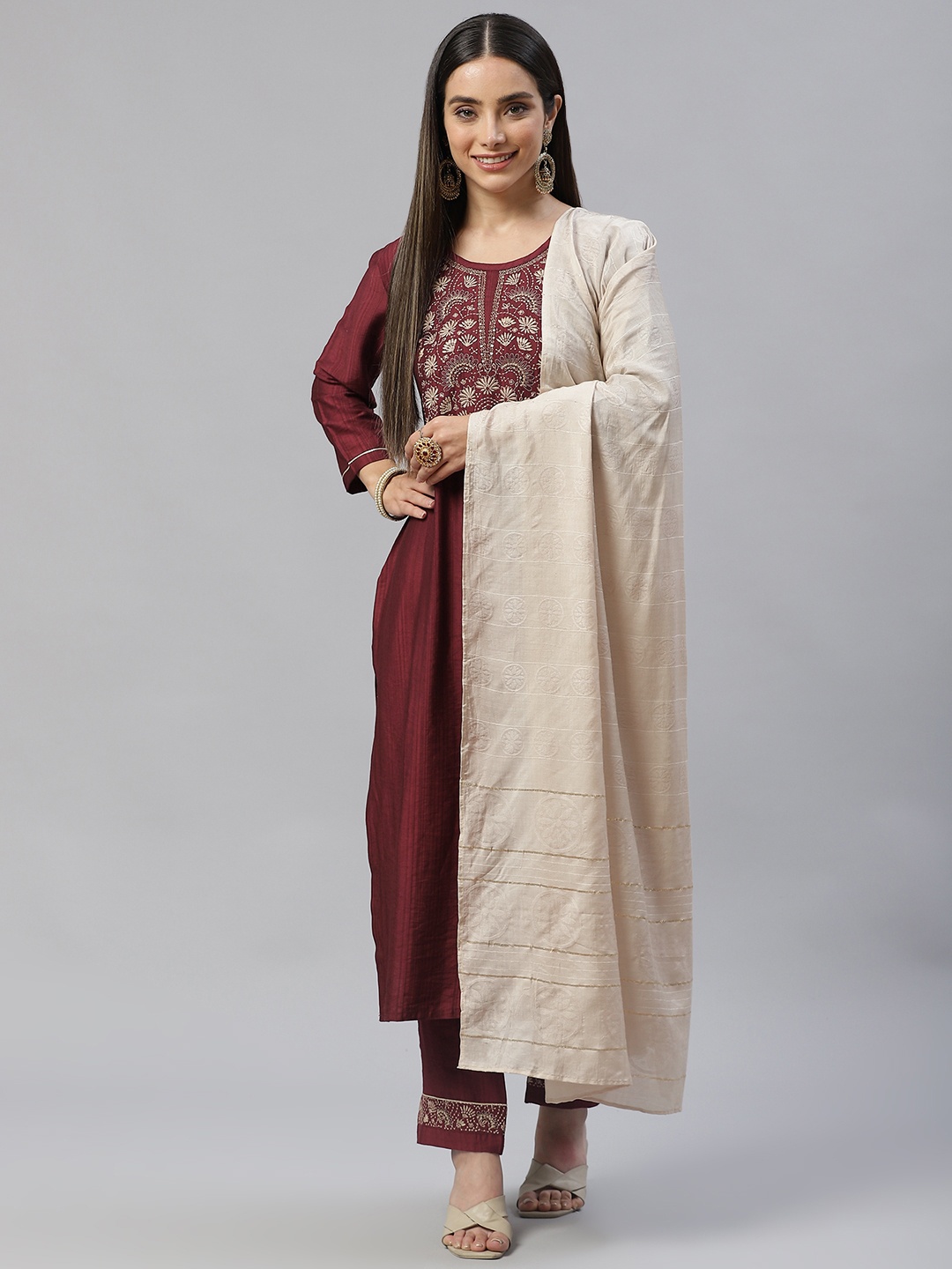 

SheWill Women Maroon Ethnic Motifs Yoke Design Sequinned Kurta with Trousers & Dupatta