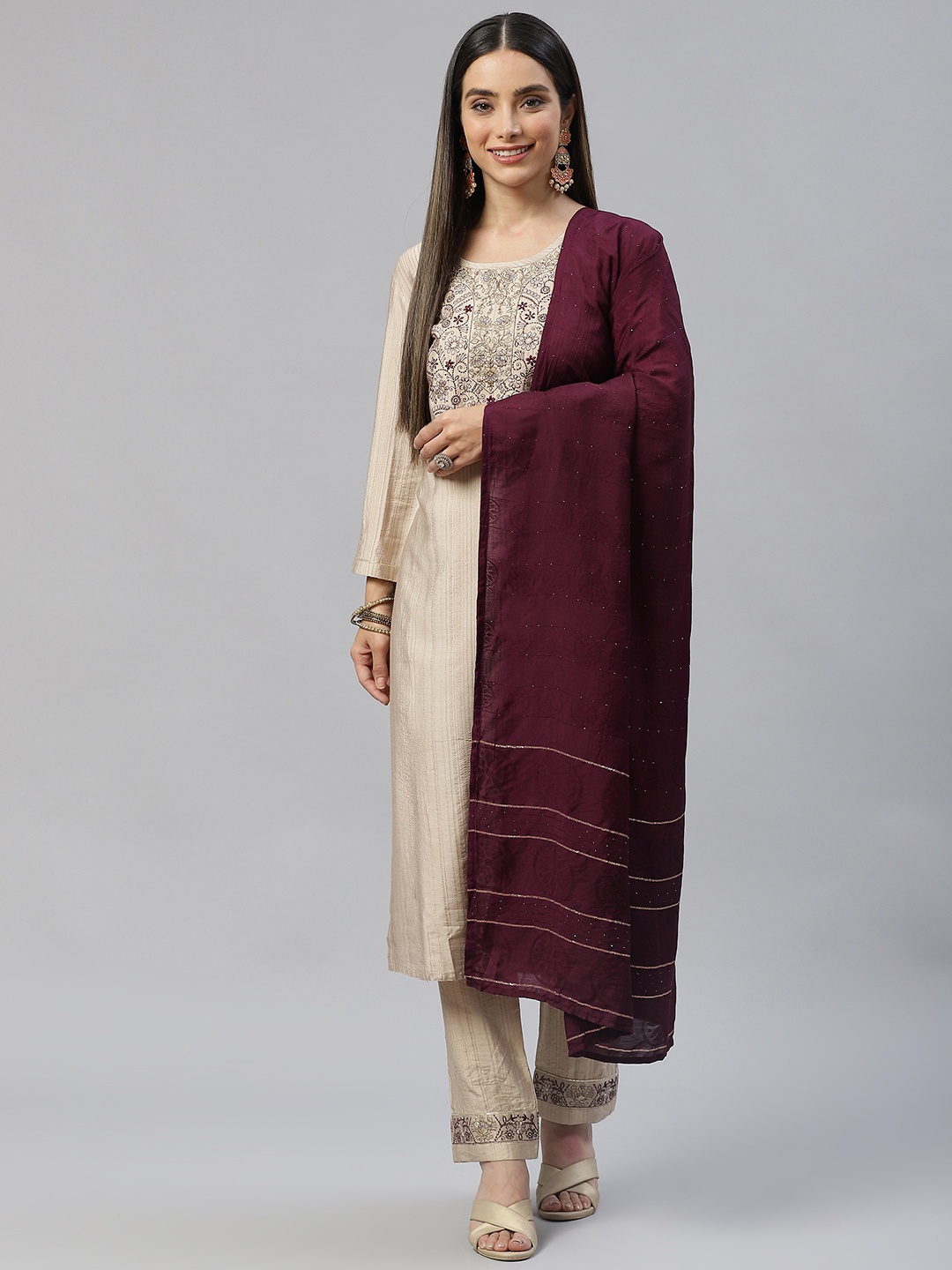 

SheWill Women Beige Ethnic Motifs Yoke Design Kurta with Trousers & Dupatta