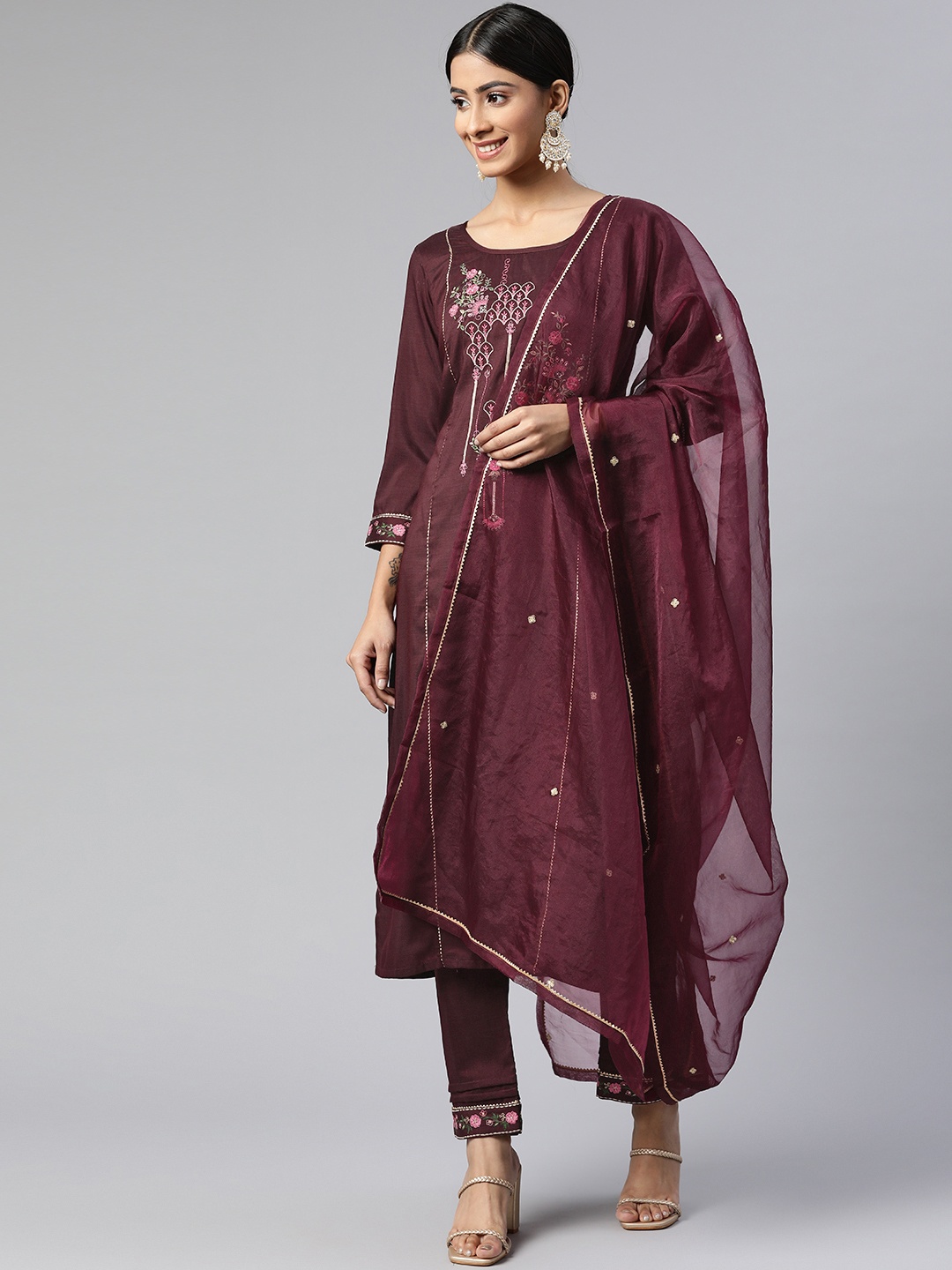 

SheWill Women Burgundy Ethnic Motifs Embroidered Kurta with Trousers & Dupatta