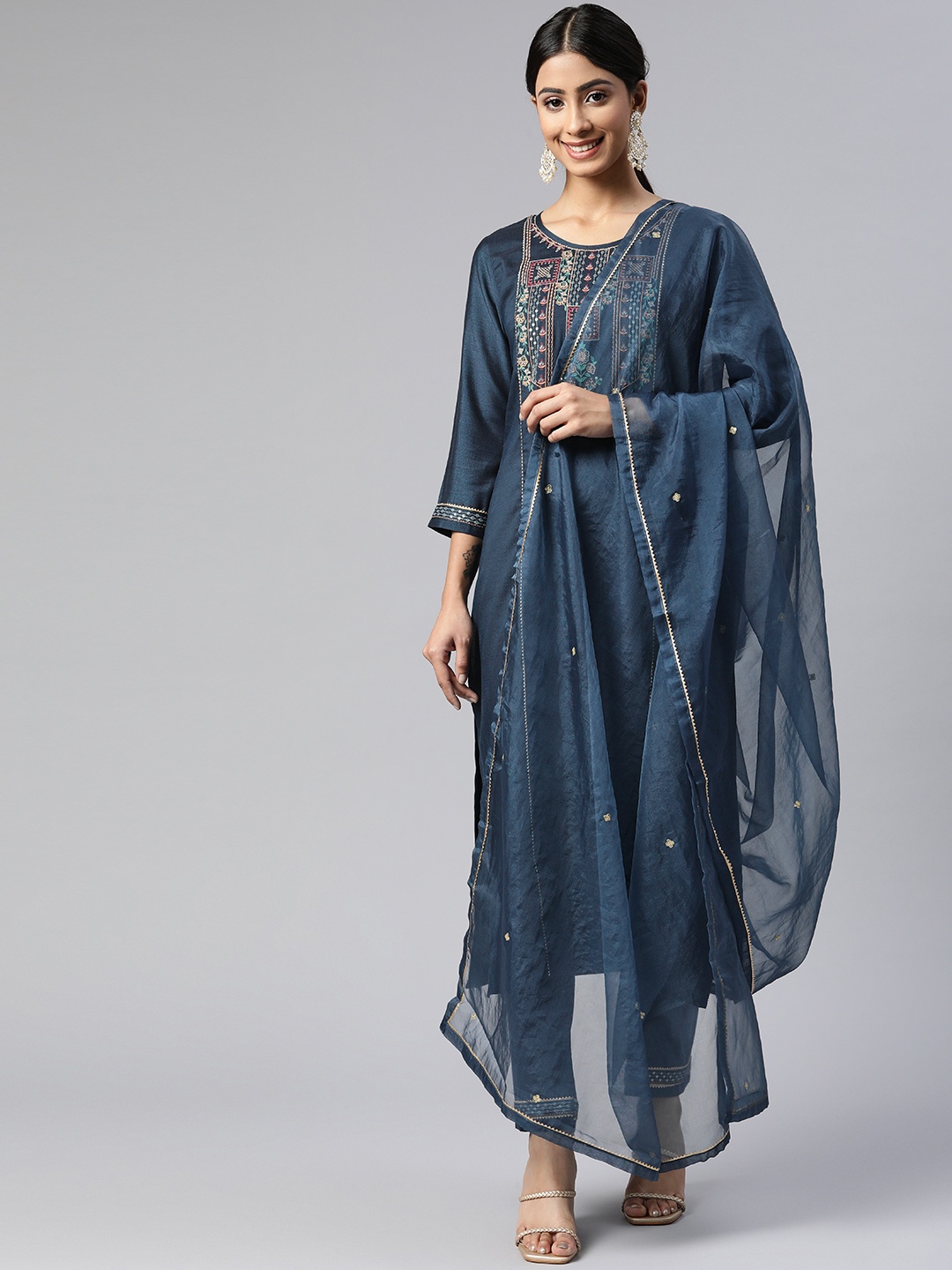 

SheWill Women Navy Blue Ethnic Motifs Embroidered Kurta with Trousers & Dupatta