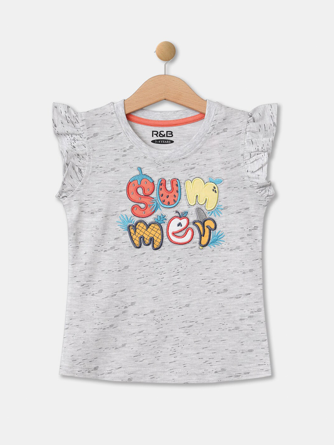 

R&B Girls Grey Embroidered Flutter Sleeves Top