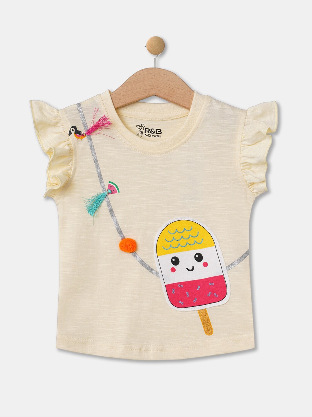 

R&B Girls Yellow & Multicoloured Printed Petal Sleeves Applique T-shirt