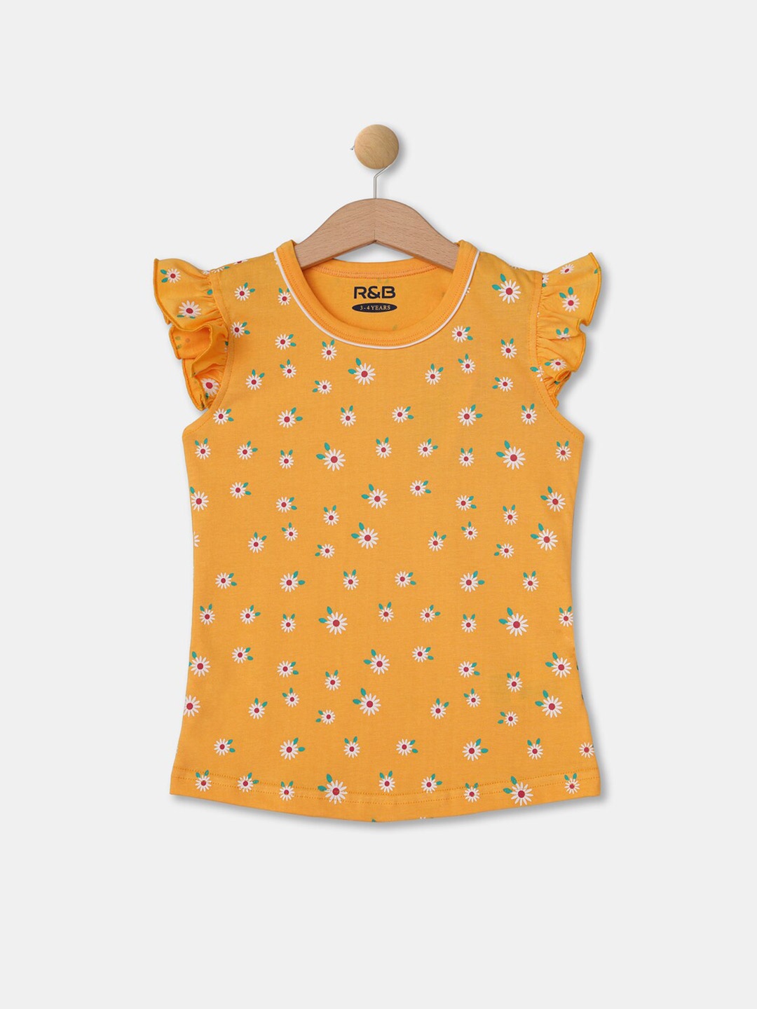 

R&B Yellow Floral Print Cotton Knitted Top