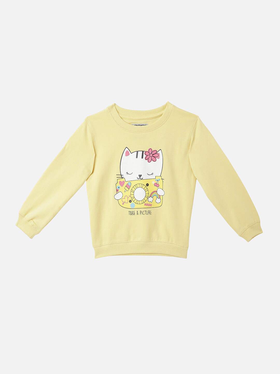 

R&B Girls Yellow Printed Cotton T-shirt