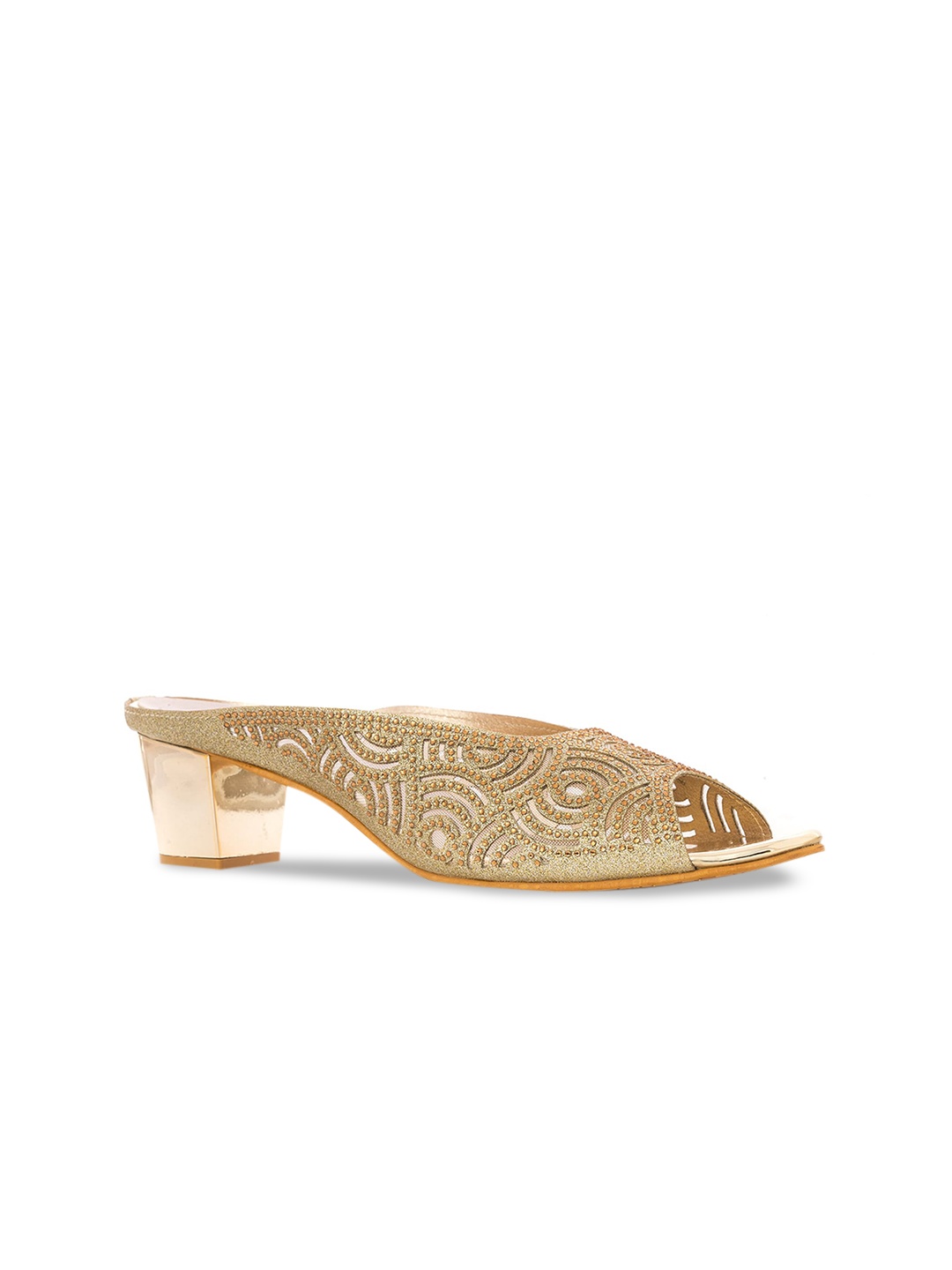 

Khadims Gold-Toned Embellished Ethnic Block Peep Toes with Laser Cuts