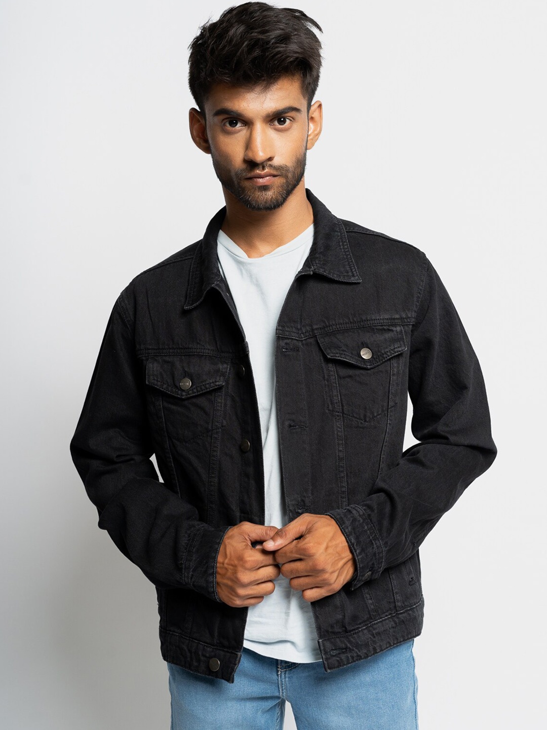 

FREAKINS Men Black Washed Denim Jacket with Embroidered