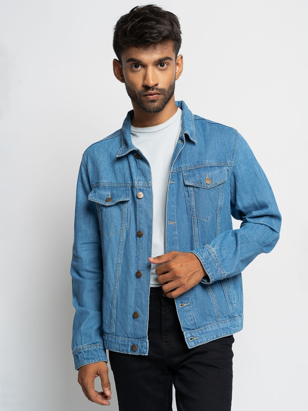 

FREAKINS Men Blue Denim Jacket with Embroidered