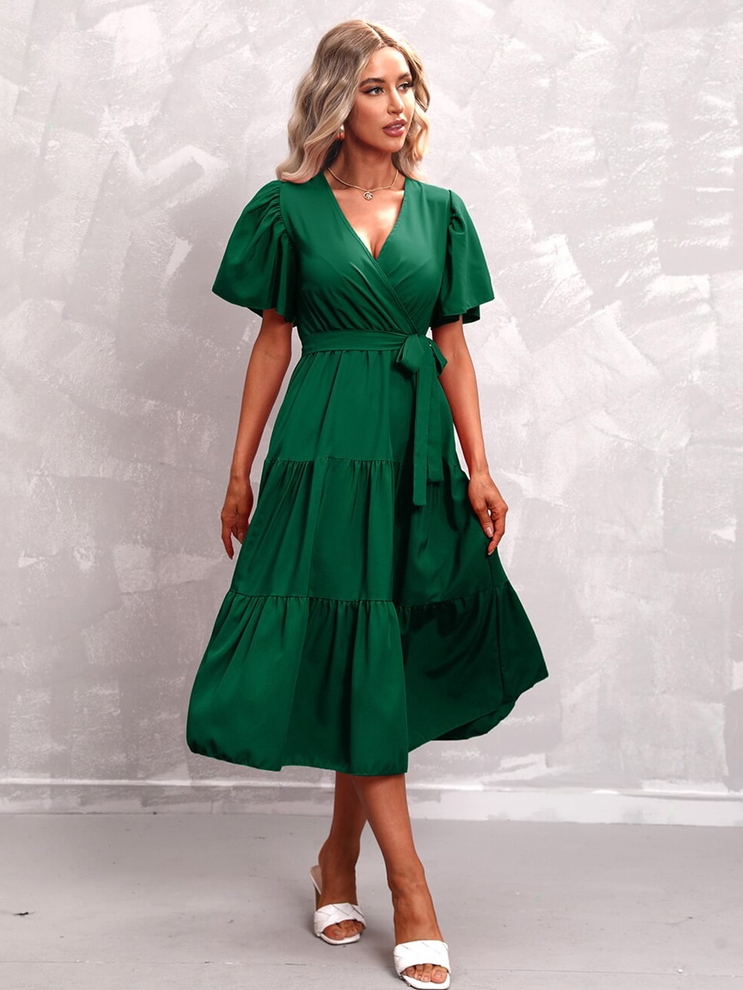 

BoStreet women Green Solid Wrap Dress