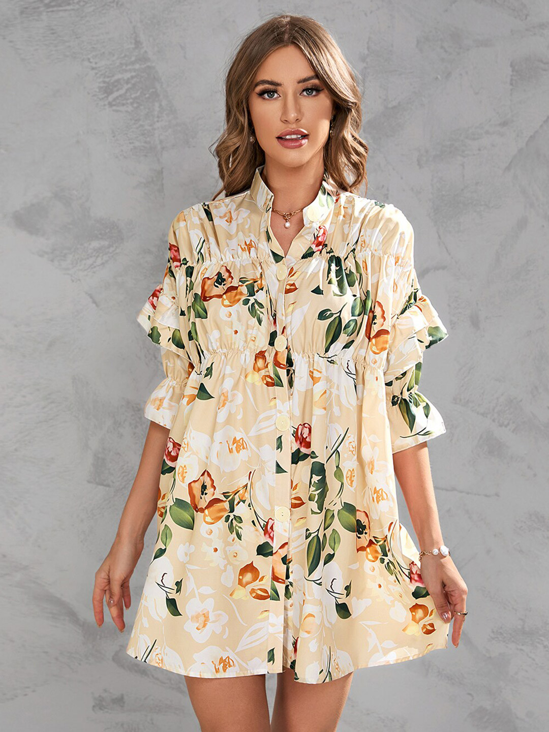 

BoStreet Cream-Coloured & bleached sand Floral Shirt Dress