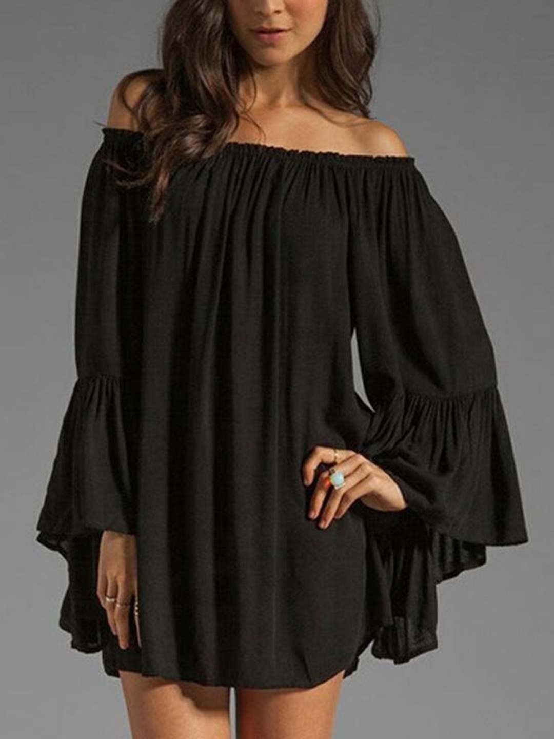 

BoStreet Black Off-Shoulder A-Line Mini Dress