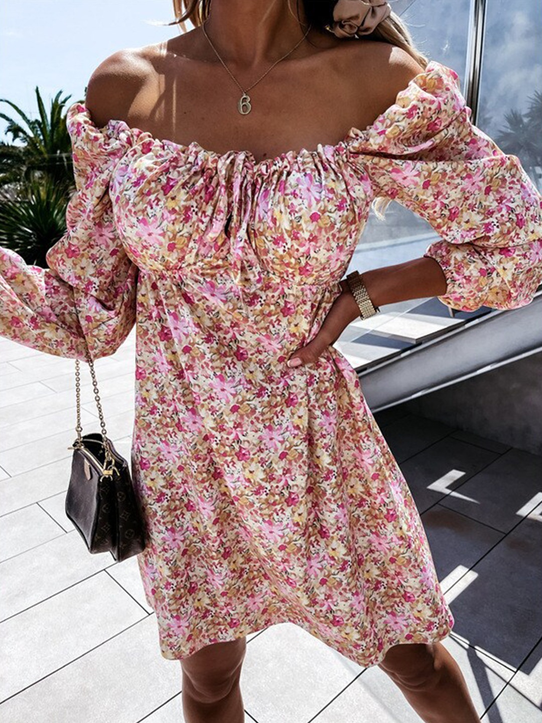 

BoStreet Pink Floral Off-Shoulder Dress