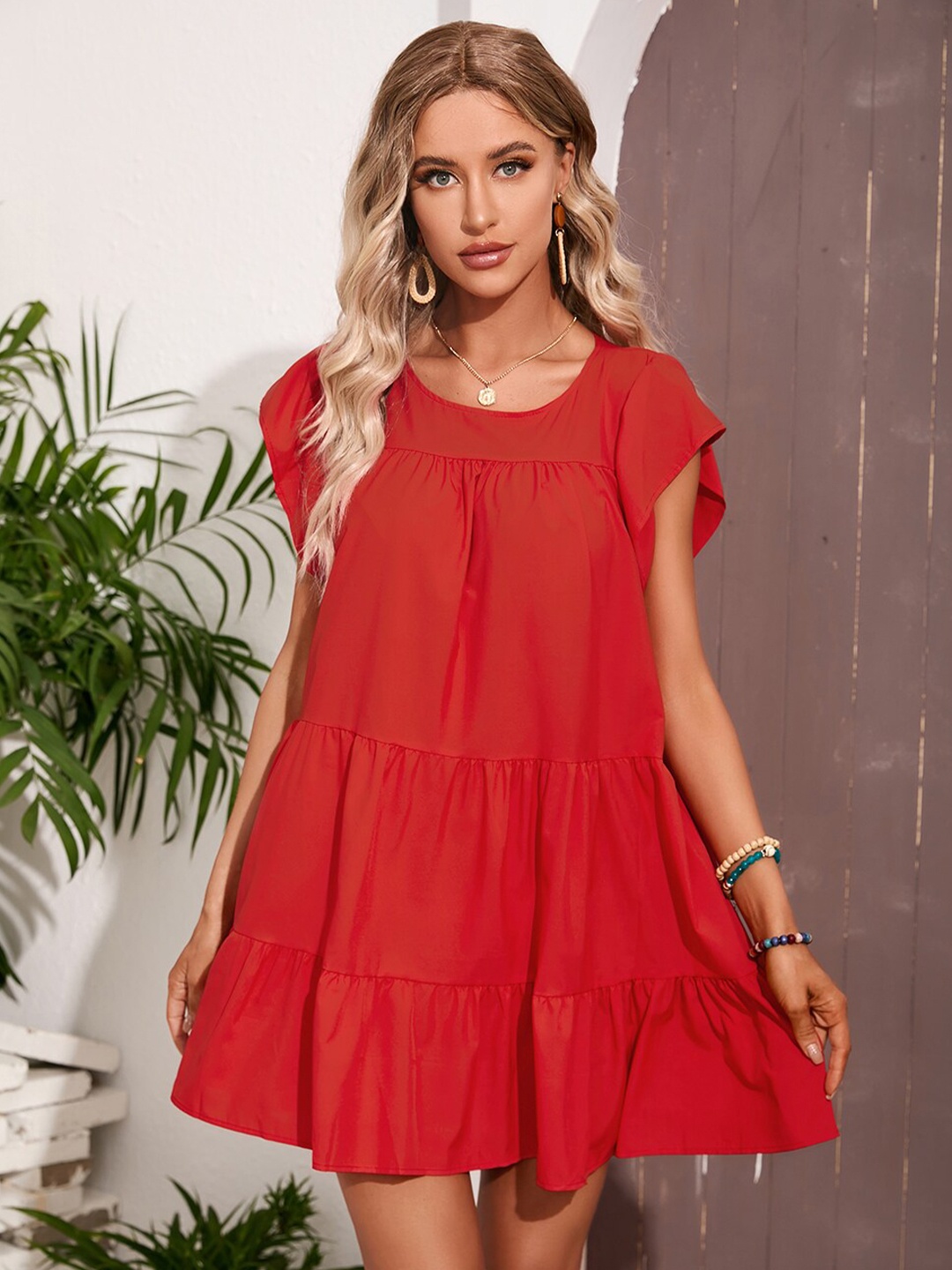 

BoStreet Red Solid A-Line Tiered Dress