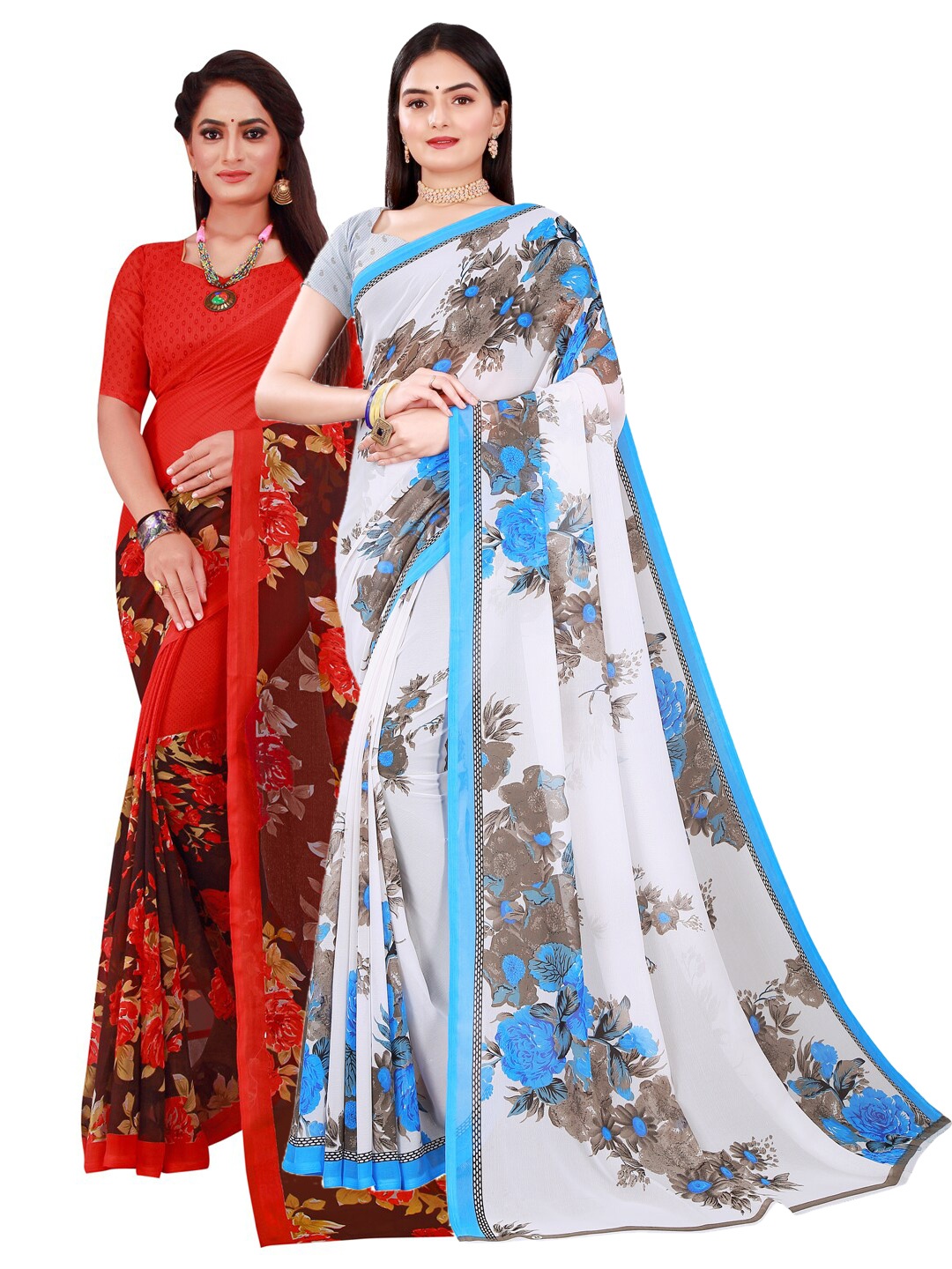 

KALINI Women White & Red Floral Pure Georgette Saree