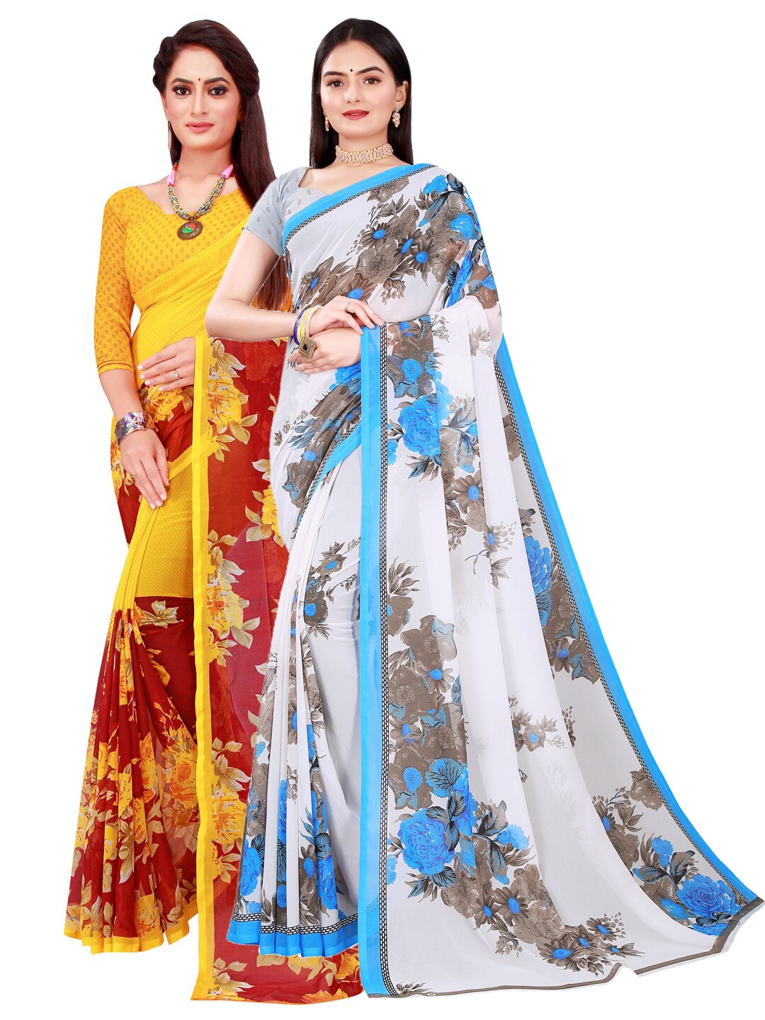 

KALINI White & Yellow Floral Pure Georgette Saree