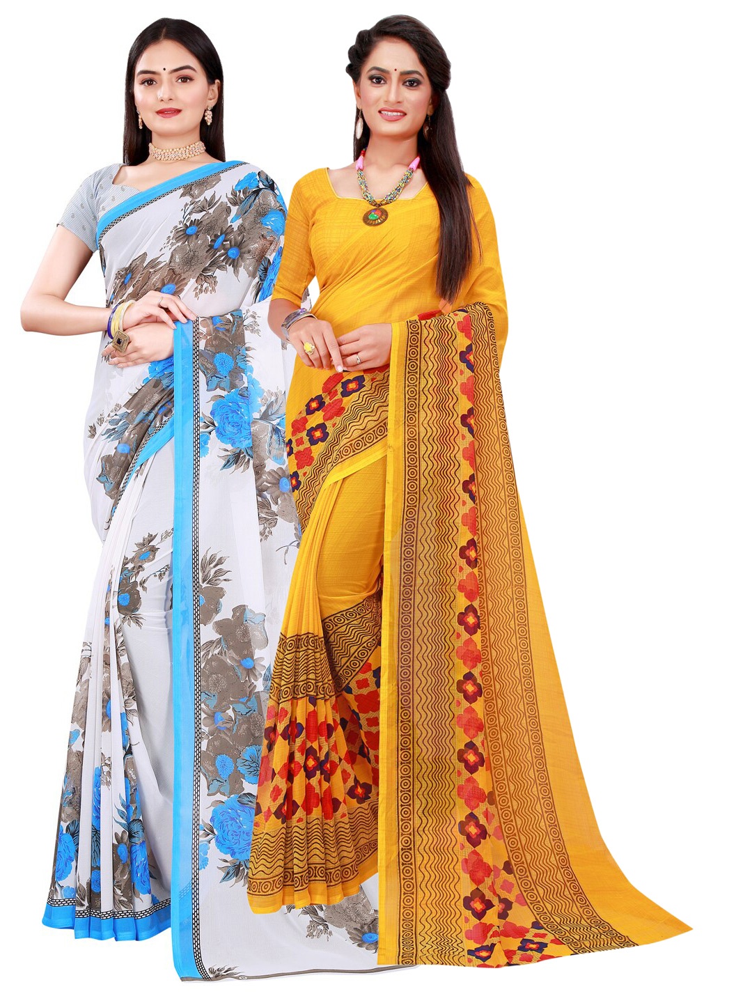 

KALINI Women Pack of 2 Yellow & White Floral Printed Pure Georgette Saree