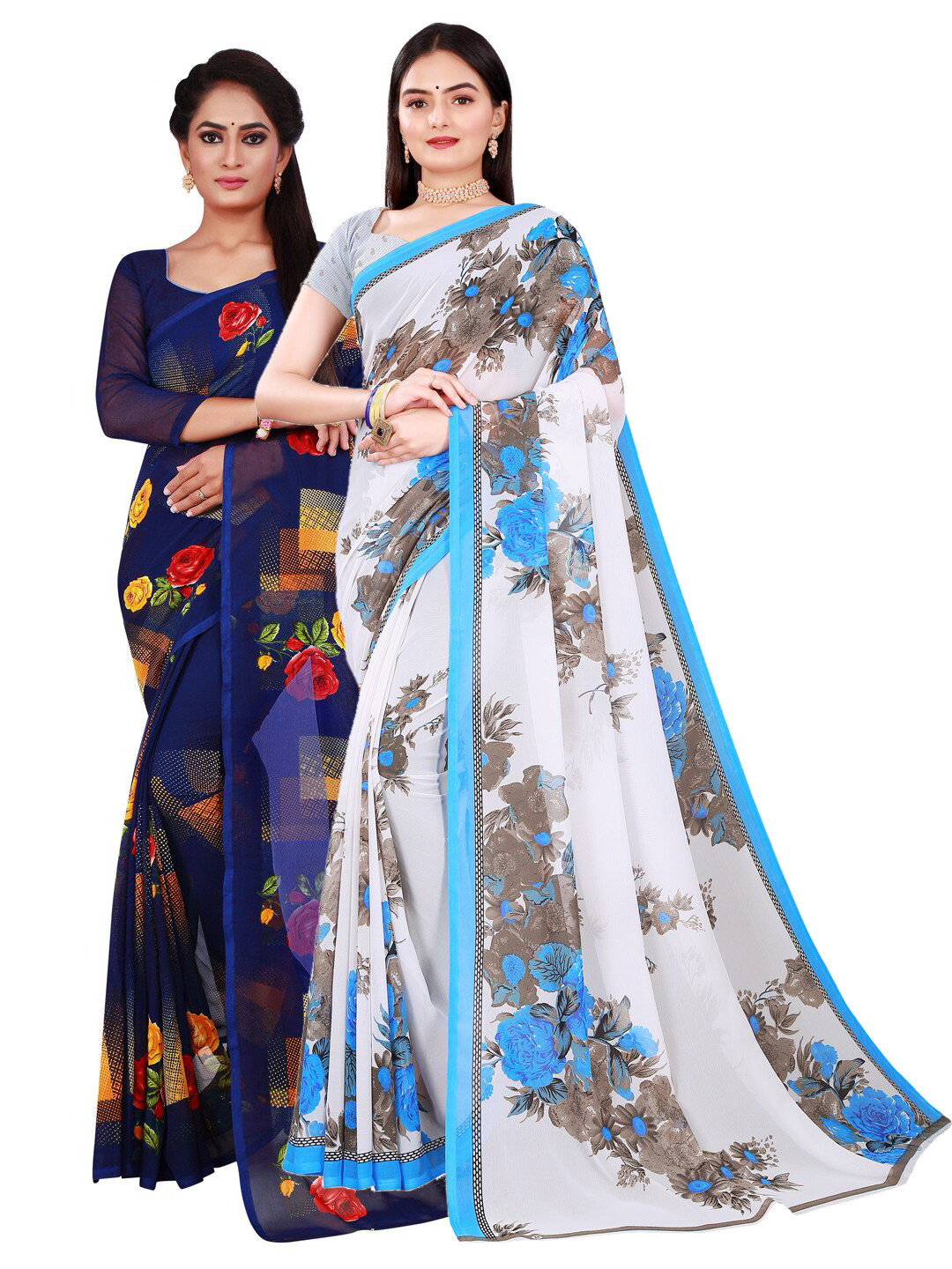 

KALINI Women White & Navy Blue Pack Of 2 Pure Georgette Saree