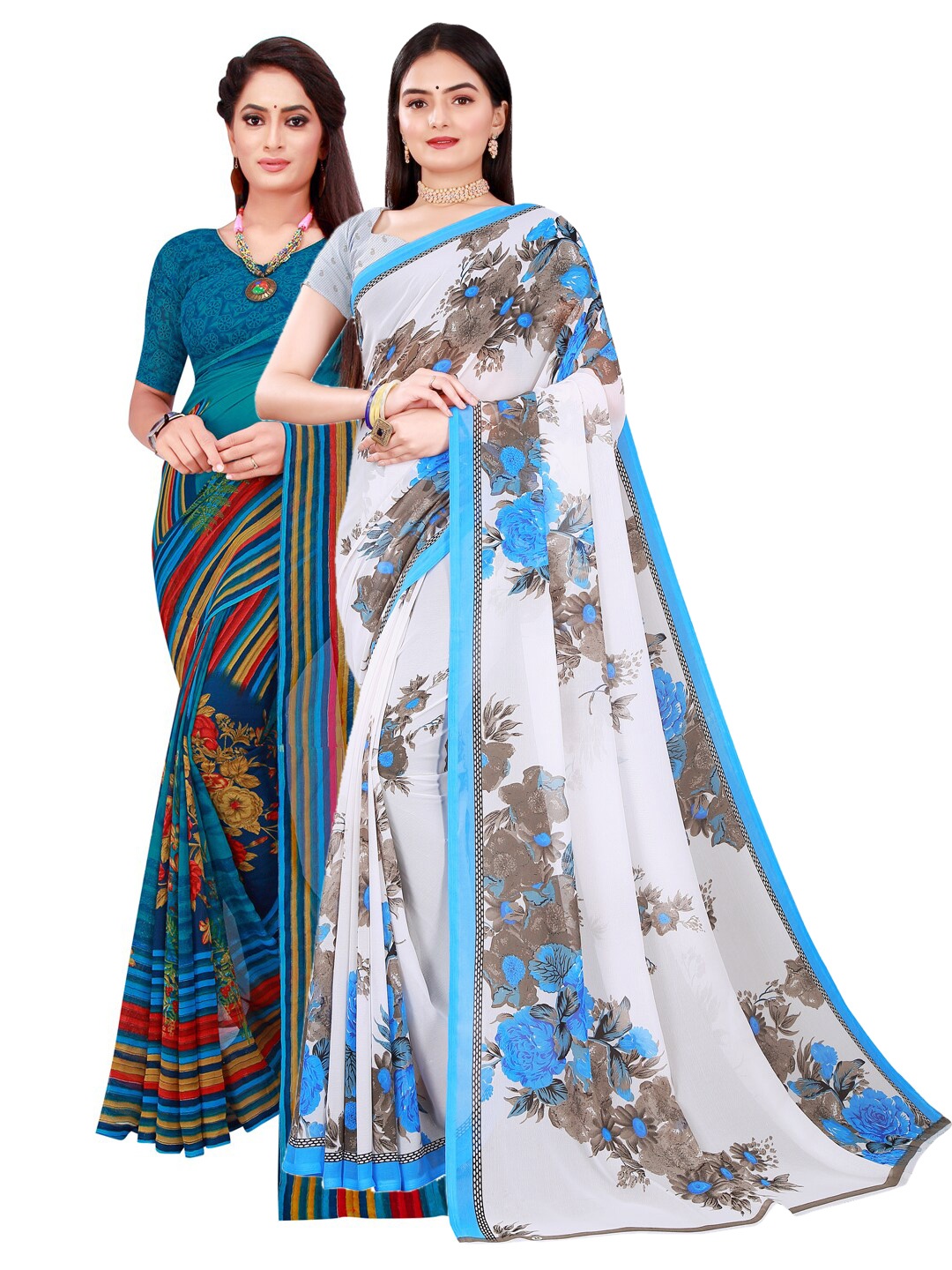 

KALINI White & Blue Floral Pure Georgette Saree