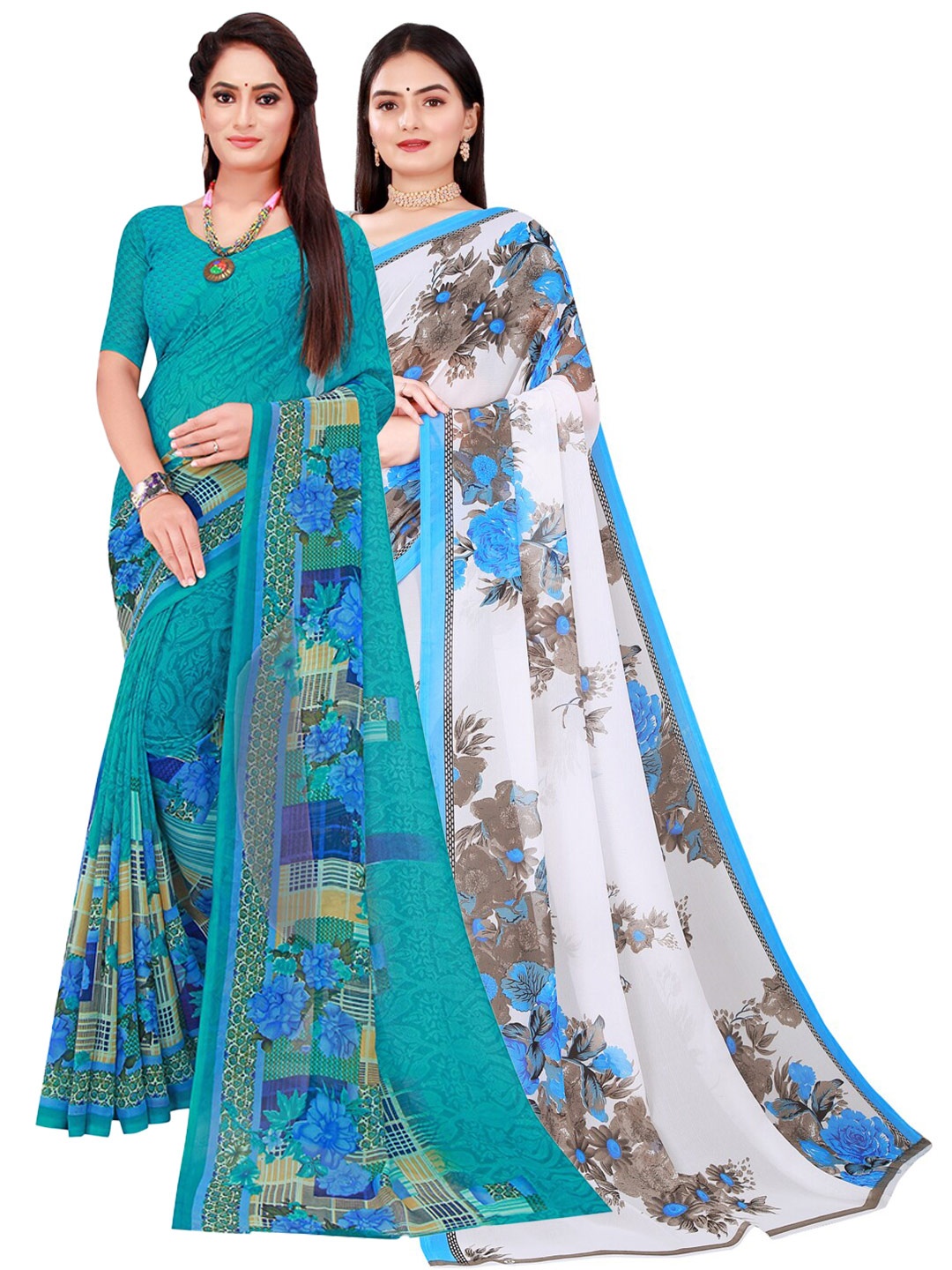 

KALINI Pack of 2 Floral Pure Georgette Sarees, White