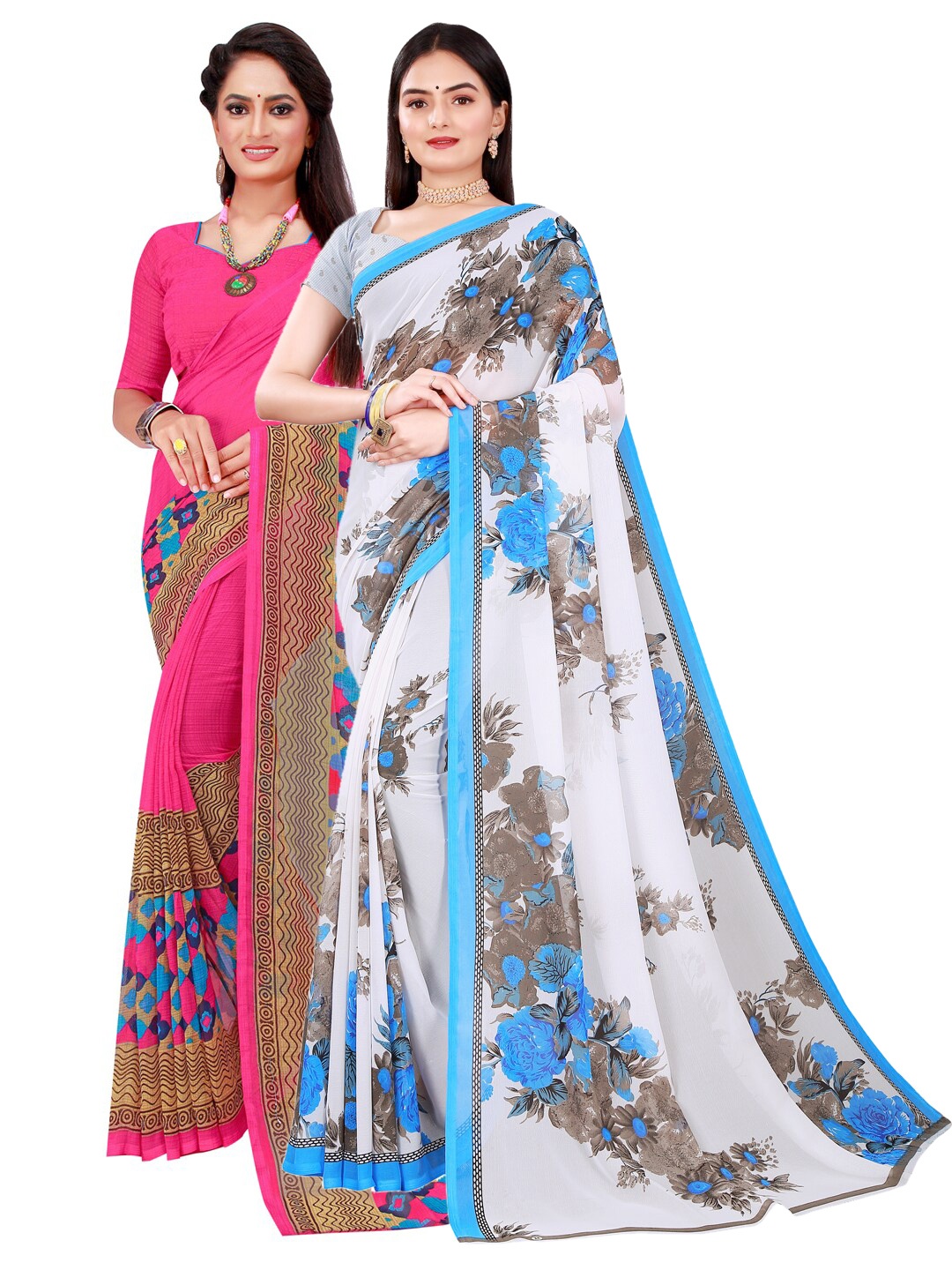 

KALINI Magenta & White Floral Pure Georgette Pack of 2 Saree