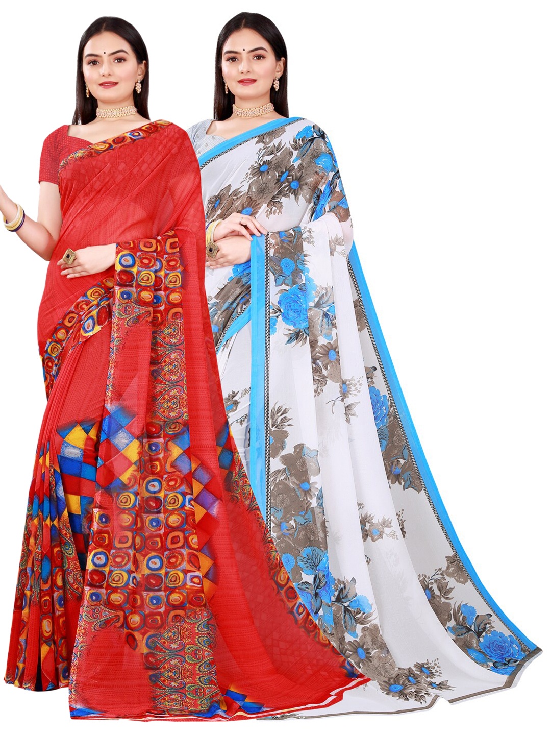 

KALINI Set Of 2 Red & Blue Floral Pure Georgette Saree