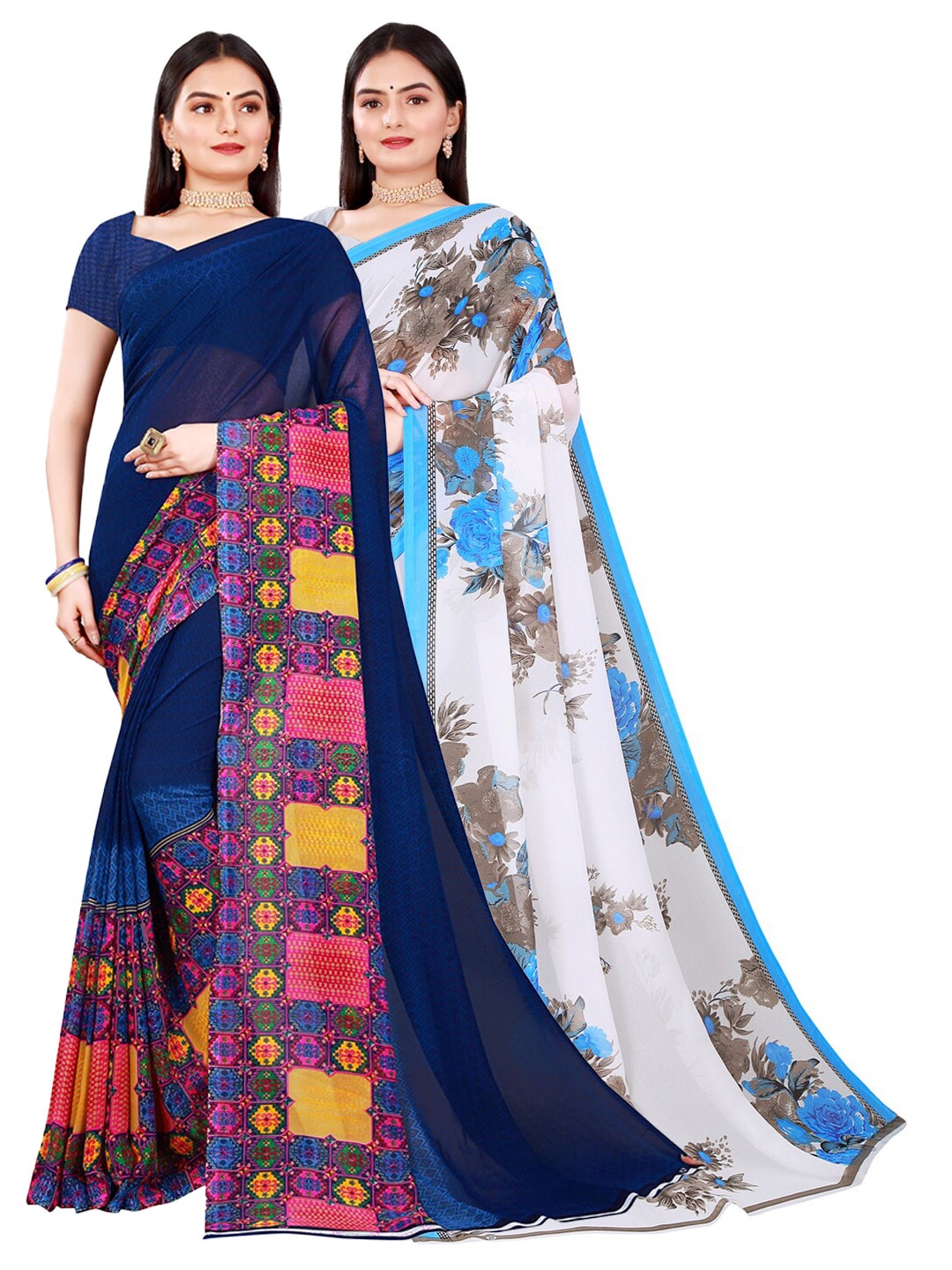 

KALINI White & Navy Blue Set Of 2 Pure Georgette Saree