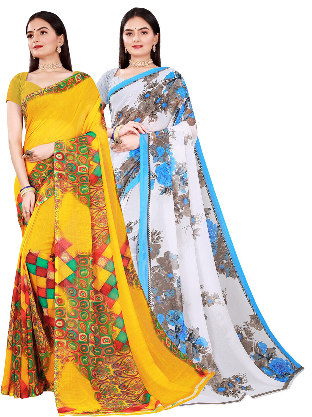 

KALINI White & Yellow Set of 2 Printed Pure Georgette Saree