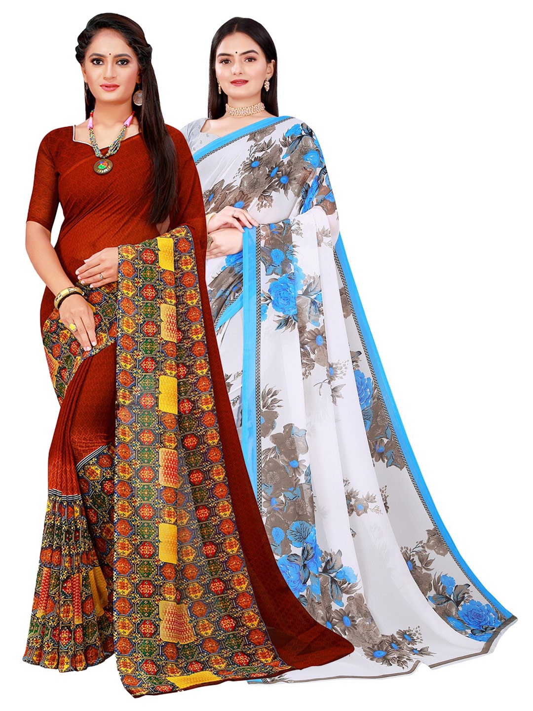 

KALINI Set Of 2 White & Brown Floral Pure Georgette Saree