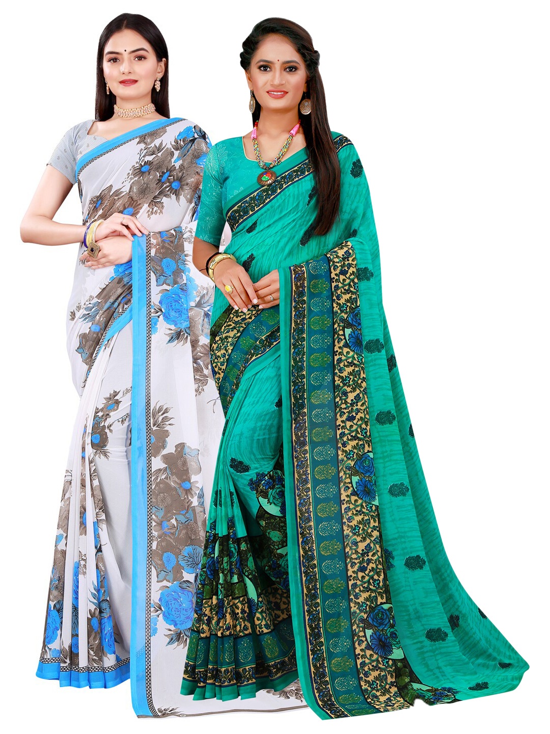 

KALINI Women White & Teal Floral Pure Georgette Saree