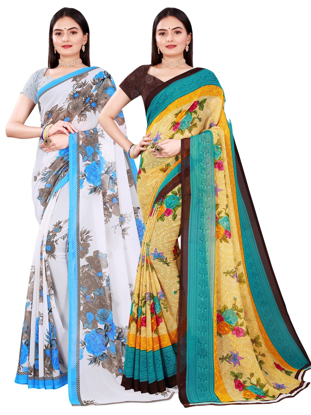 

KALINI Beige & White Floral Pure Georgette Pack of 2 Saree