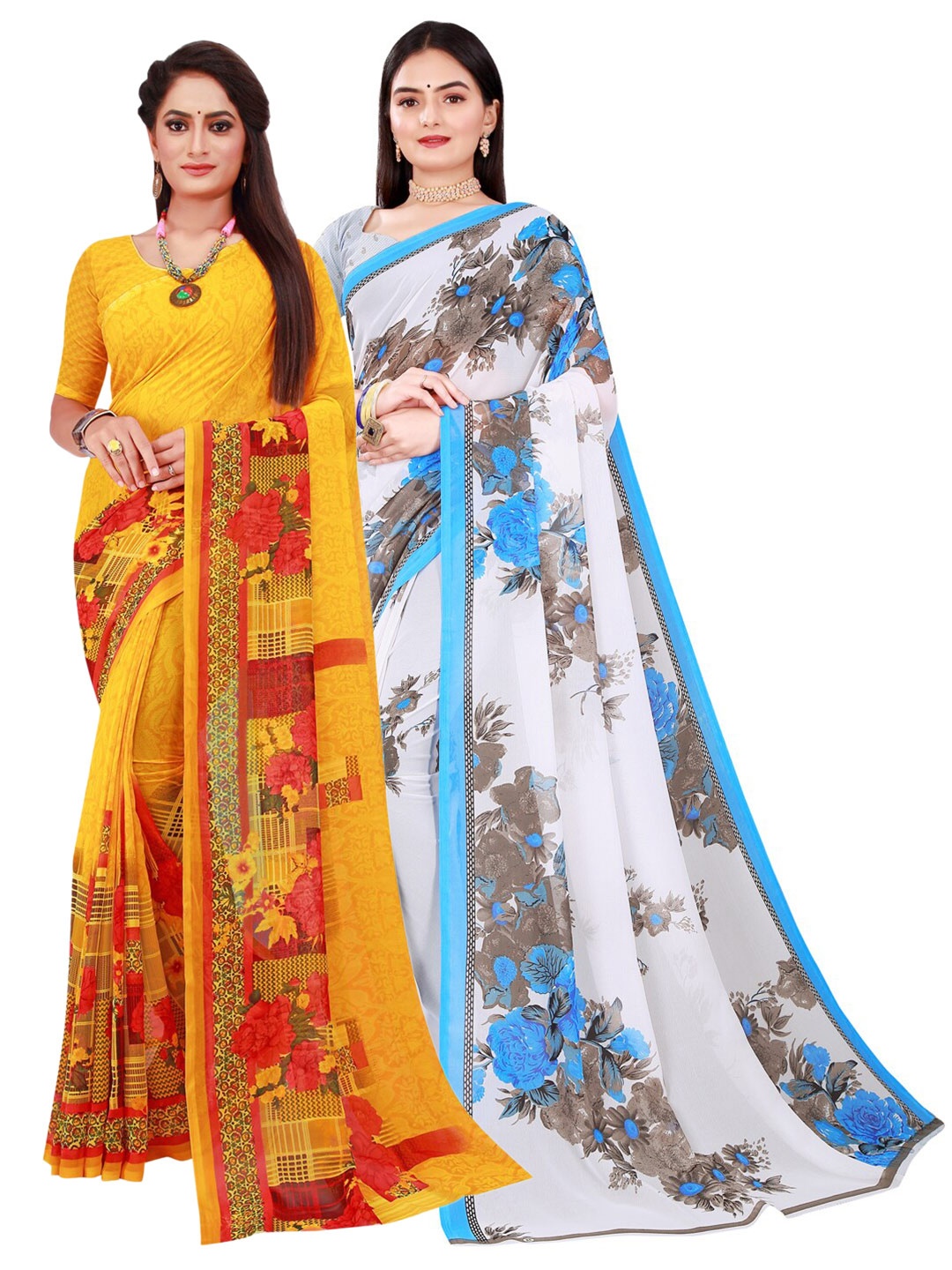 

KALINI Pack of 2 Printed Pure Georgette Sarees, Yellow