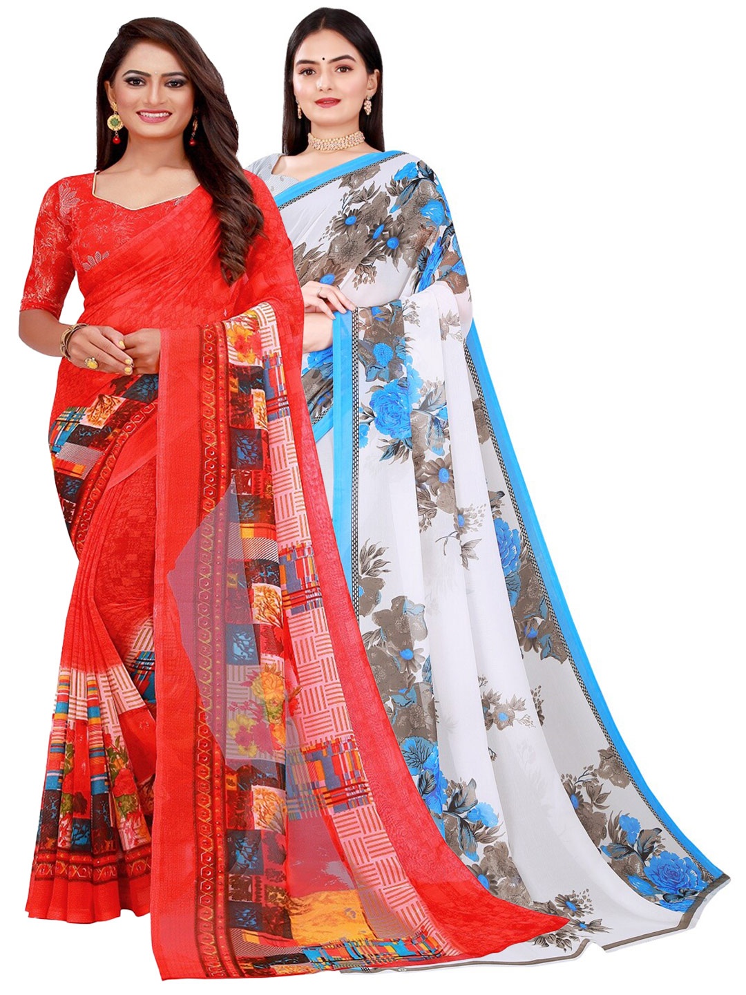 

KALINI Pack of 2 Printed Pure Georgette Sarees, White