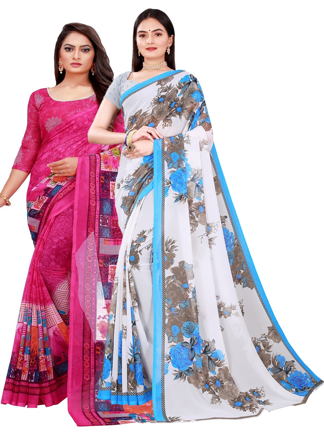 

KALINI Pack of 2 Printed Pure Georgette Sarees, Magenta