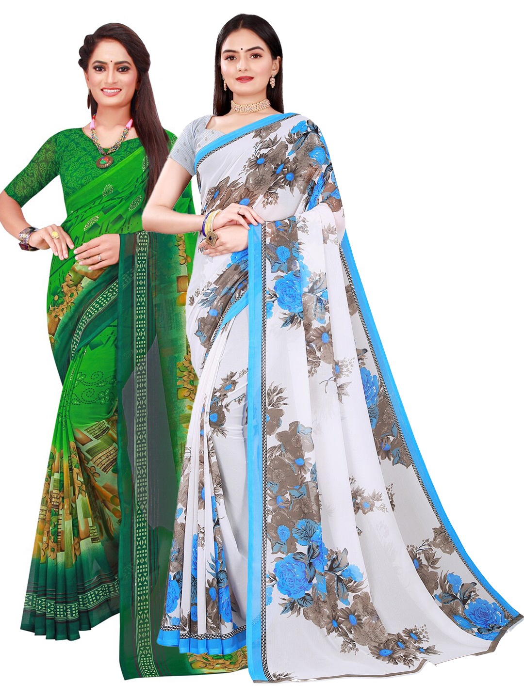 

KALINI Pack of 2 Printed Pure Georgette Sarees, White