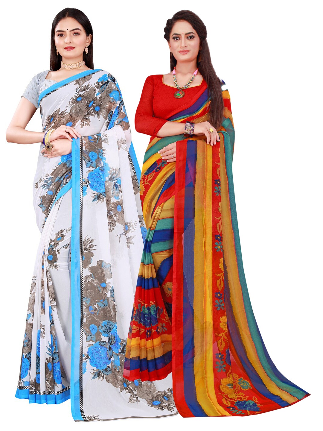 

KALINI White & Yellow Floral Pure Georgette Pack of 2 Saree