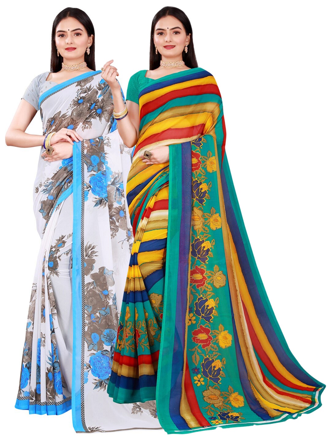 

KALINI Pack of 2 White & Green Pure Georgette Saree