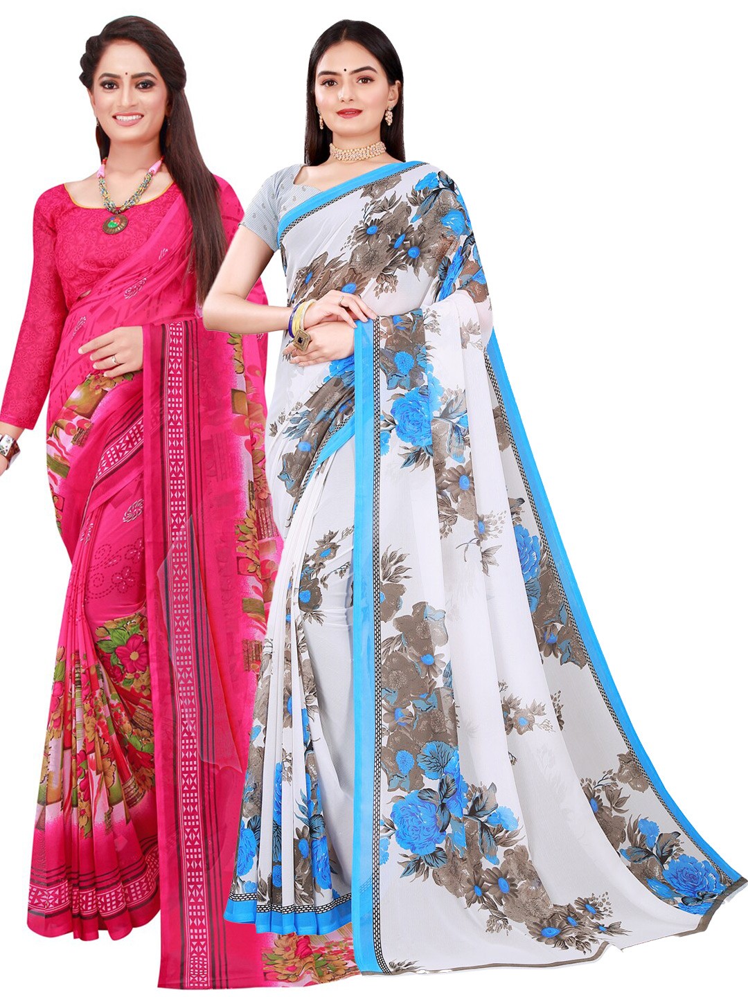 

KALINI Set Of 2 White & Blue Floral Printed Pure Georgette Saree