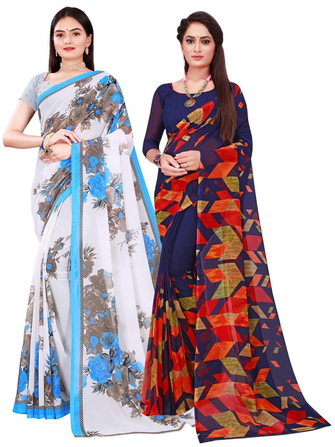 

KALINI Navy Blue & White Floral Pure Georgette Saree