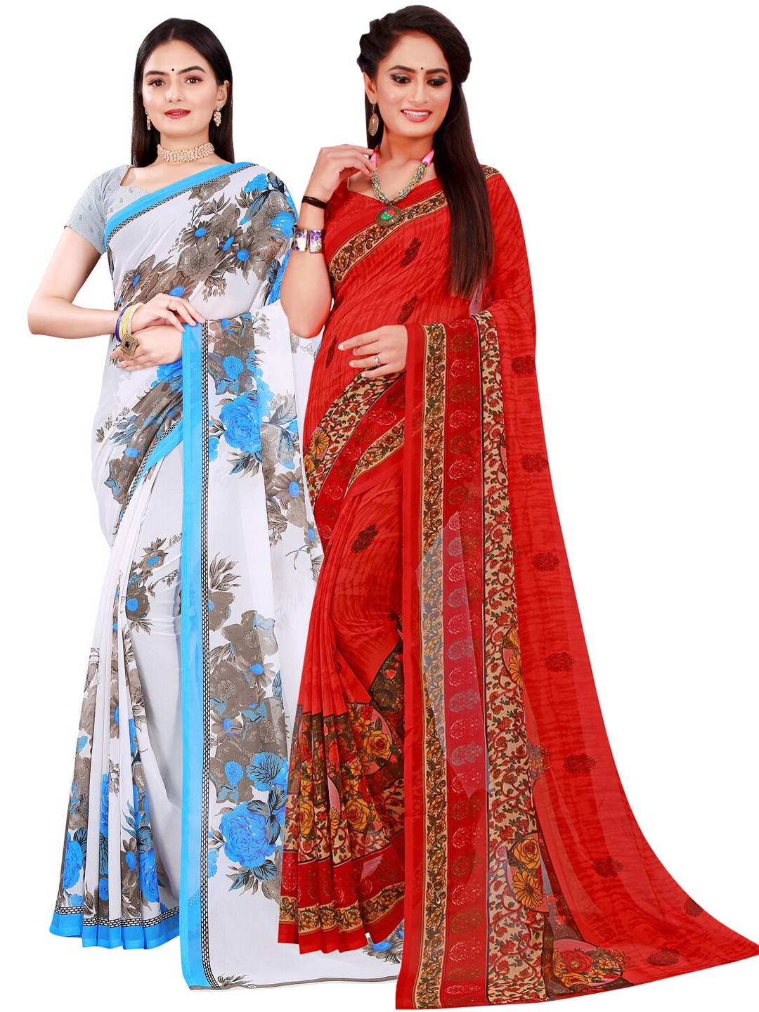 

KALINI Set Of 2 White & Red Floral Pure Georgette Saree