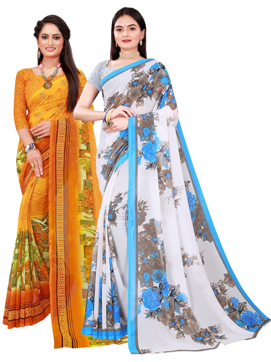 

KALINI White & Yellow Floral Pure Georgette Saree