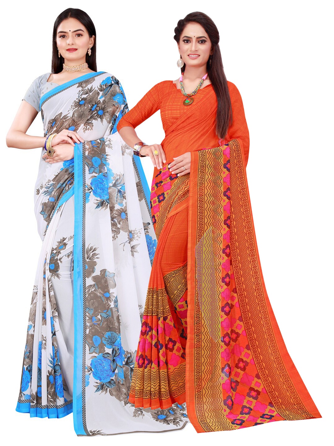 

KALINI Orange & White Set of 2 Printed Pure Georgette Saree